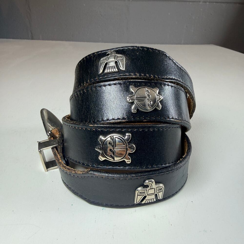VTG Southwest Black Leather Concho Belt Made in USA 44/110 Thunderbird Turtle